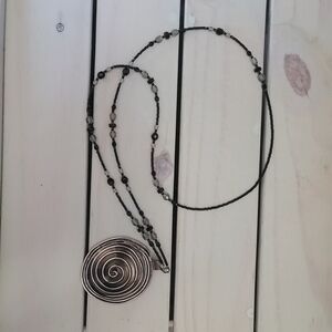 Vintage Large Spiral Pendant Silvertone Necklace 32 Inch